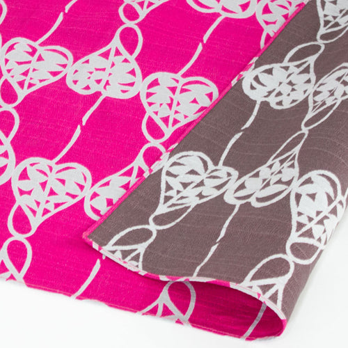Reversible Furoshiki 19"- Isa Monyo Heart Vine Rose Pink/Maroon Brown