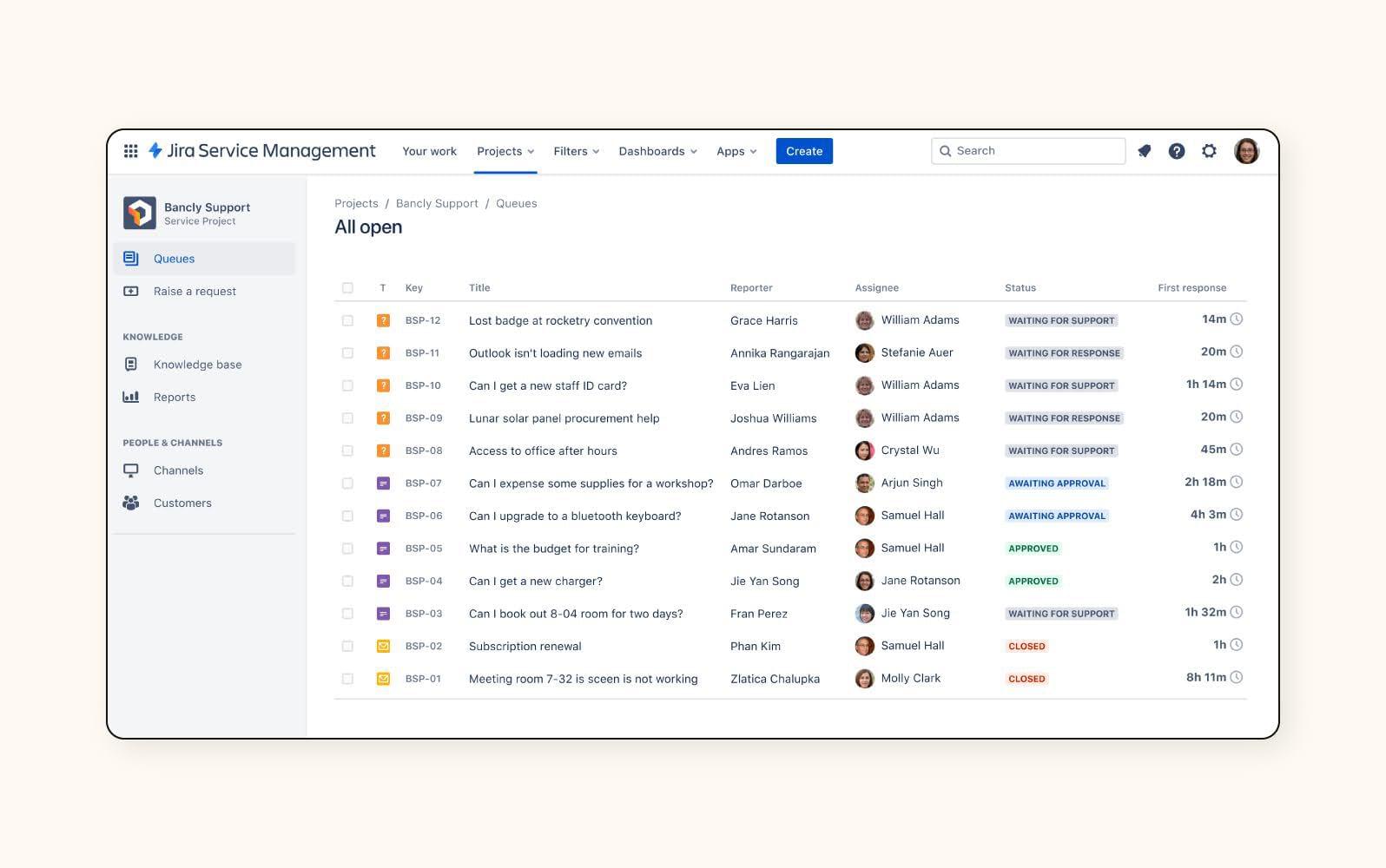 A screenshot shows the interface from Jira Service Management’s help desk software.