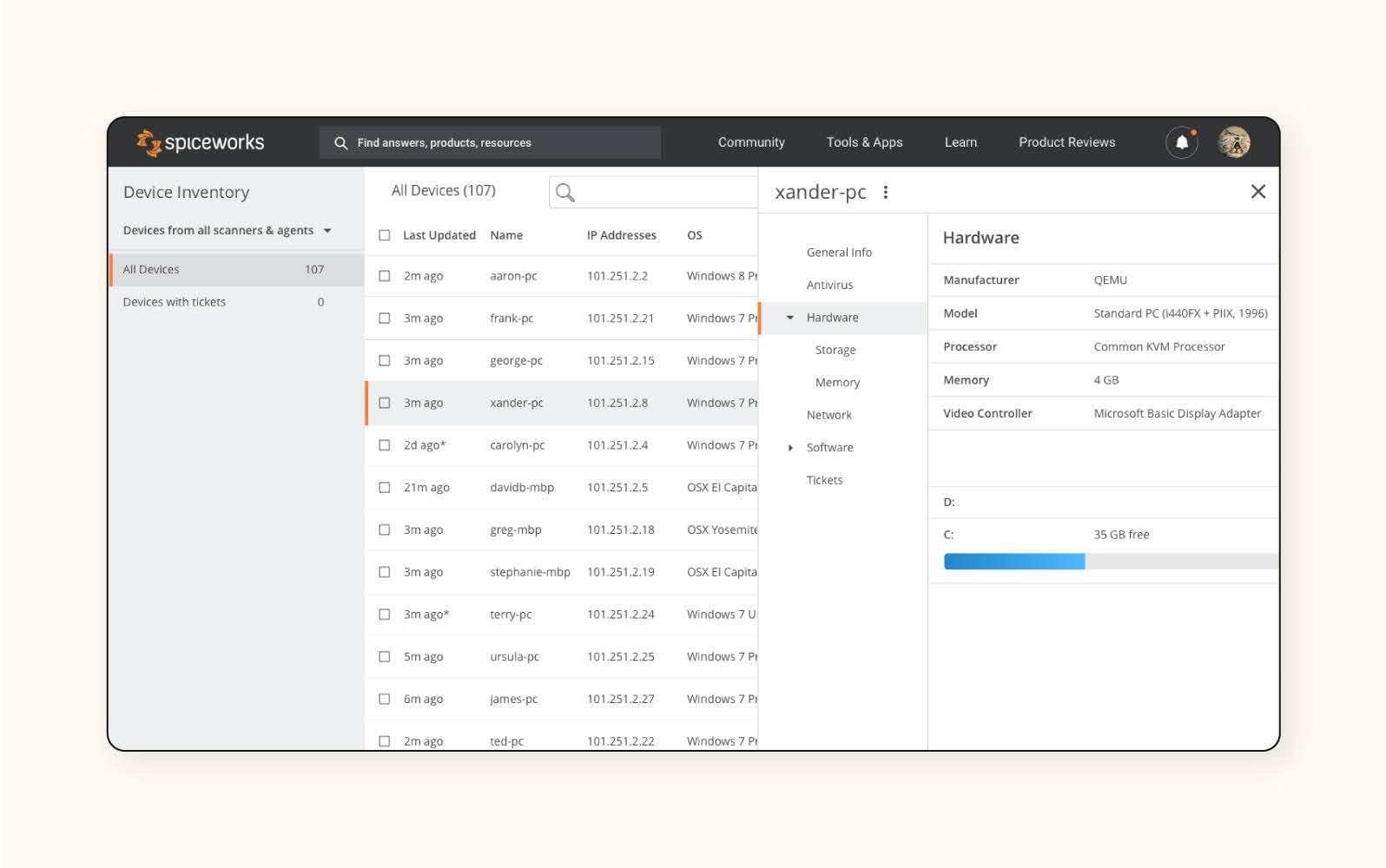 A screenshot shows the ticketing system from Spiceworks’ help desk software.