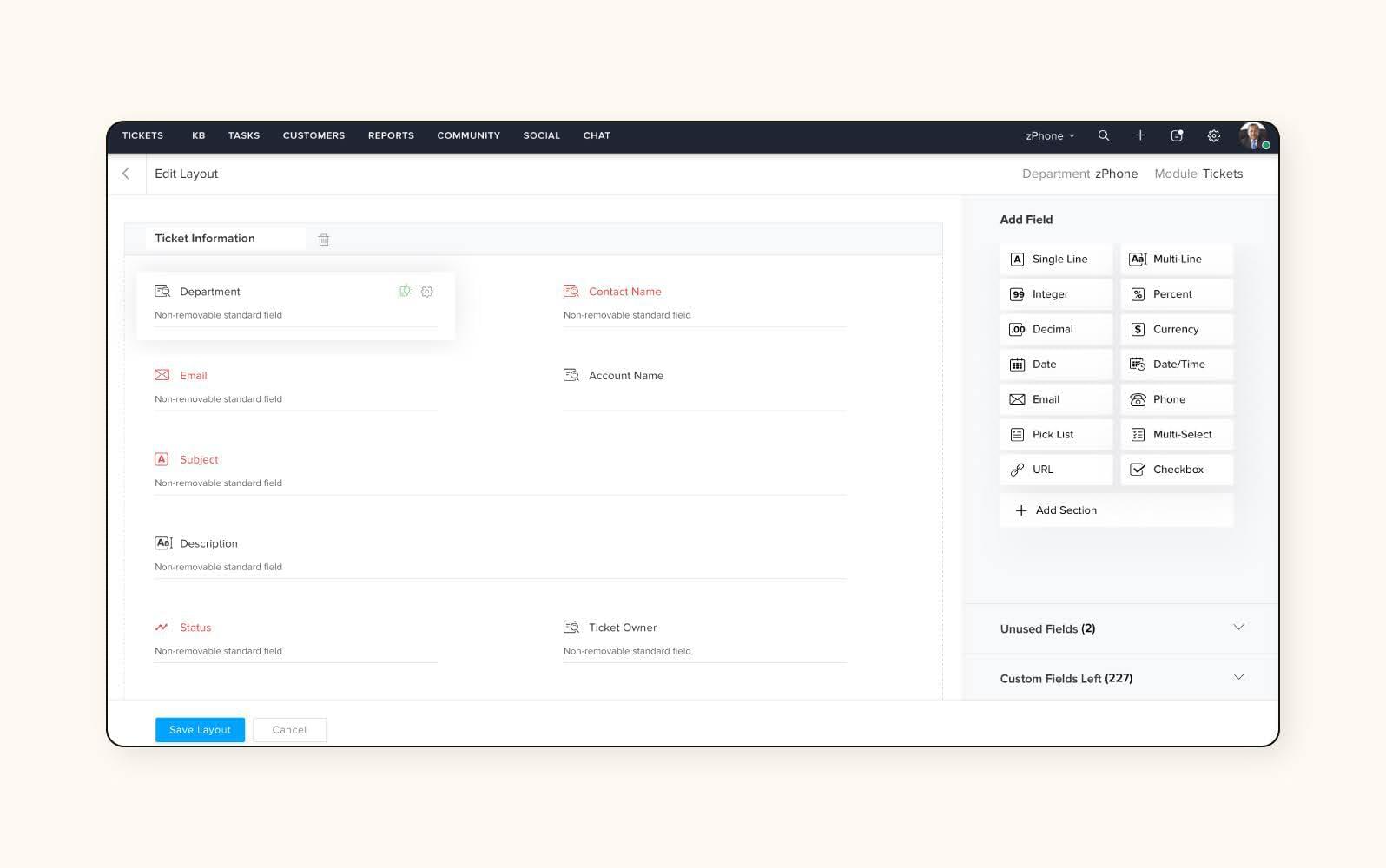 A screenshot shows the ticketing software from Zoho Desk’s help desk software.