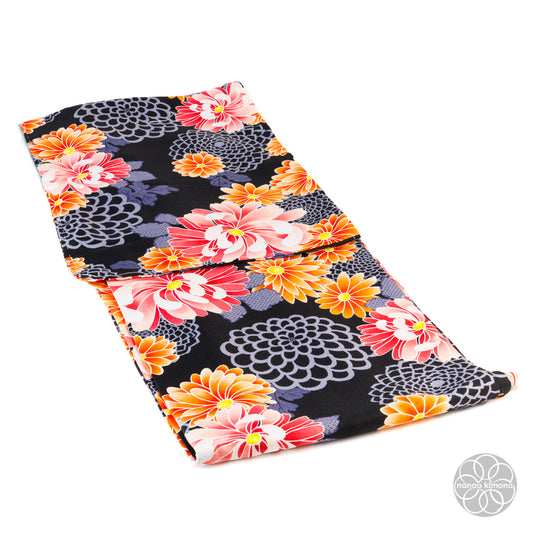 Women's Washable Kimono - Orange Flowers Black
