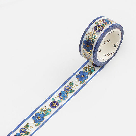 Washi Tape 15mm - Foil Stamping Retro Flower Blue