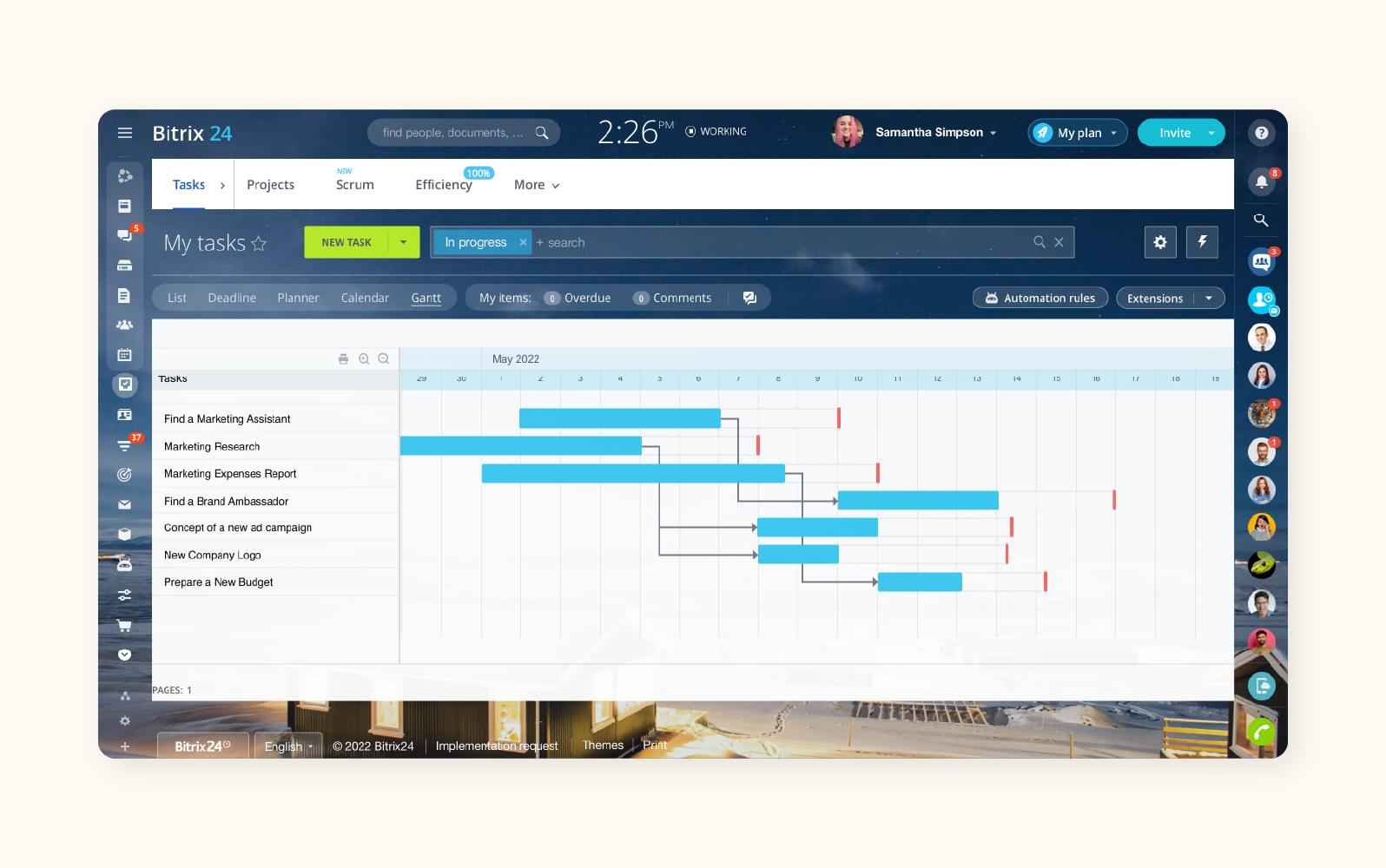 A screenshot shows the task list within Bitrix24’s customer service software user interface.