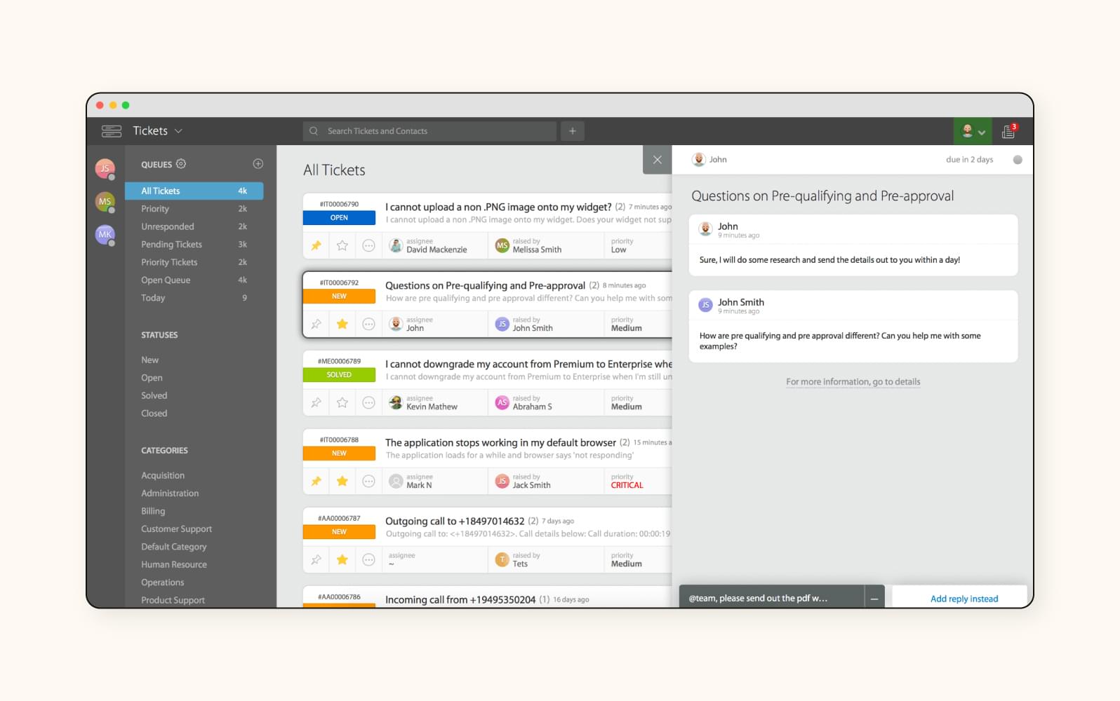 A screenshot depicts the ticket system of HappyFox, a customer service software.