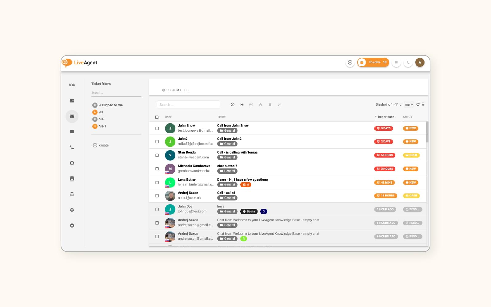 A screenshot displays the ticketing system for LiveAgent’s customer care software.