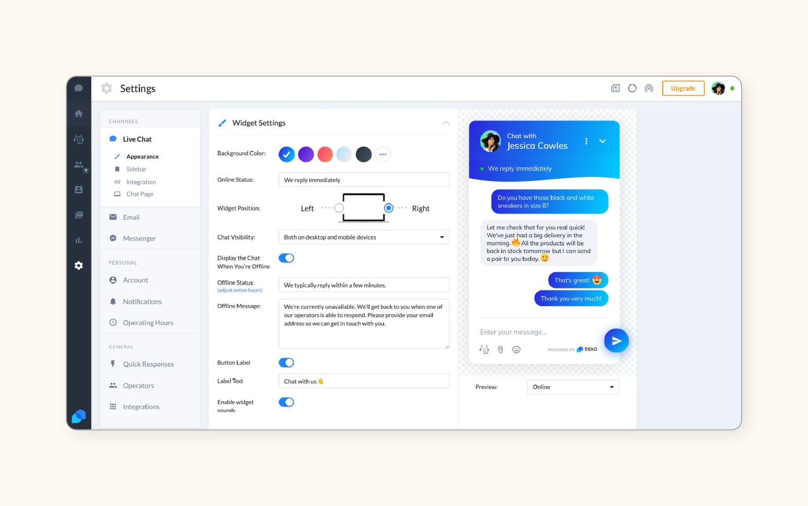A screenshot shows the widget settings for live chat and a chat conversation for Tidio’s customer support software.