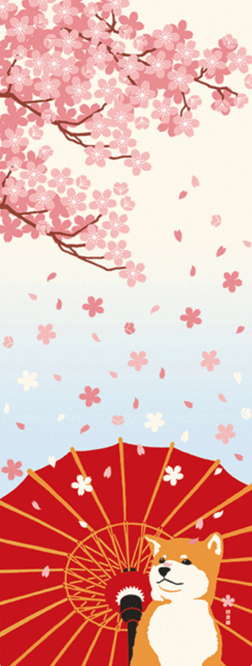 Tenugui Towel - Shiba Inu Cherry Blossom