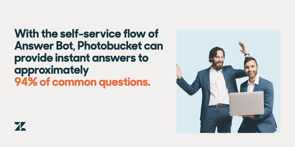 Image showing two business people standing holding a laptop with their arms in the air as if celebrating, with text that reads: With Answer Bot's self-service flow, Photobucket can provide instant answers to approximately 94% of common questions.