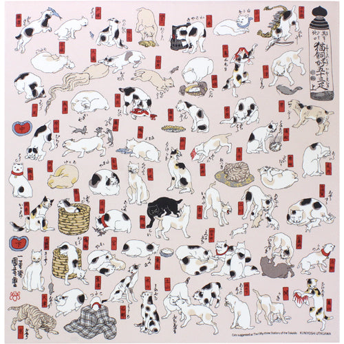 Furoshiki 27"- Chirimen Ukiyoe Cats suggested as The Fifty-three Stations of the Tōkaidō Pink