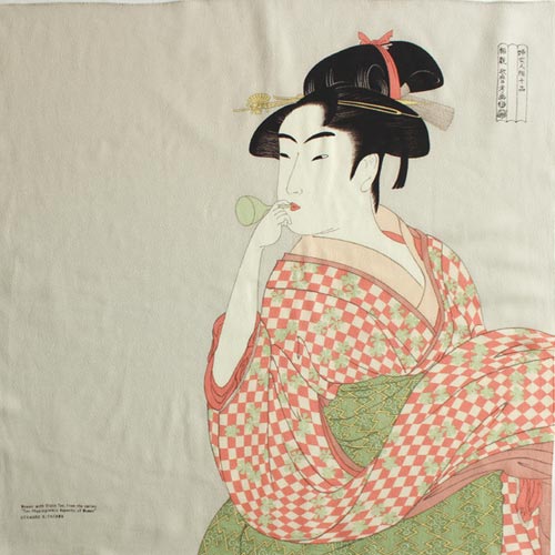 Furoshiki 27"- Chirimen Ukiyoe Young Woman Blowing a Glass Pipe Kitagawa Utamaro Light Grey