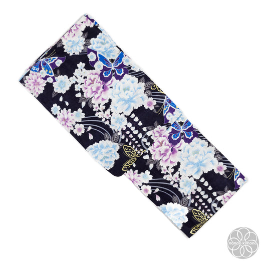 Women's Yukata Wide - Blue Peonies with Butterflies on Black