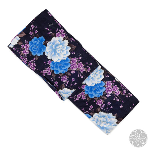 Women's Yukata Wide - Blue Peonies on Black