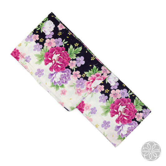 Women's Yukata Wide - Pink Peonies on Black & White