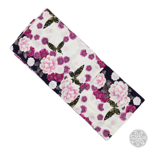Women's Yukata Wide - Peonies with Black Butterflies