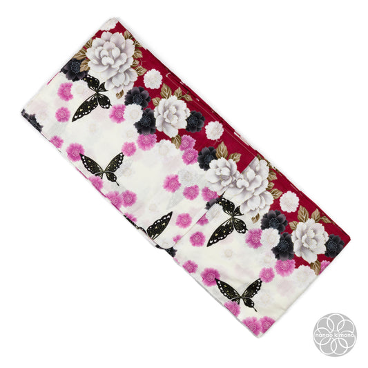 Women's Yukata Wide - Peonies with butterflies on Red & White