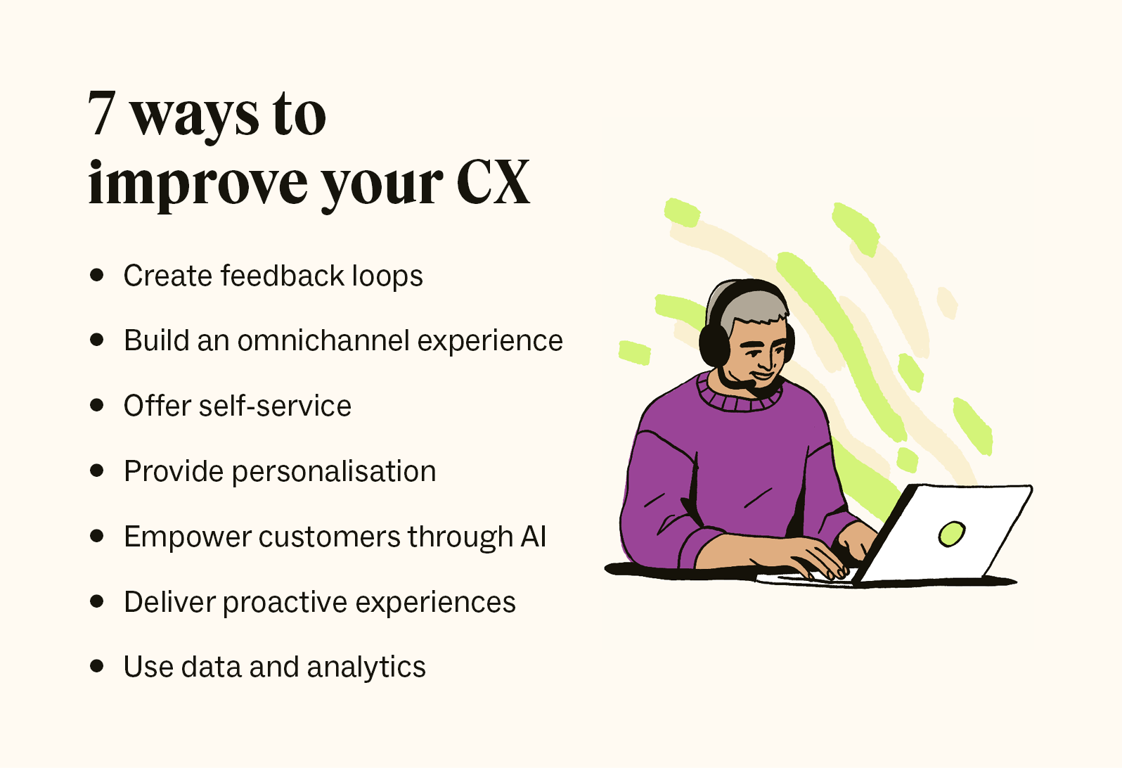 A design detailing seven ways businesses can improve the customer experience.