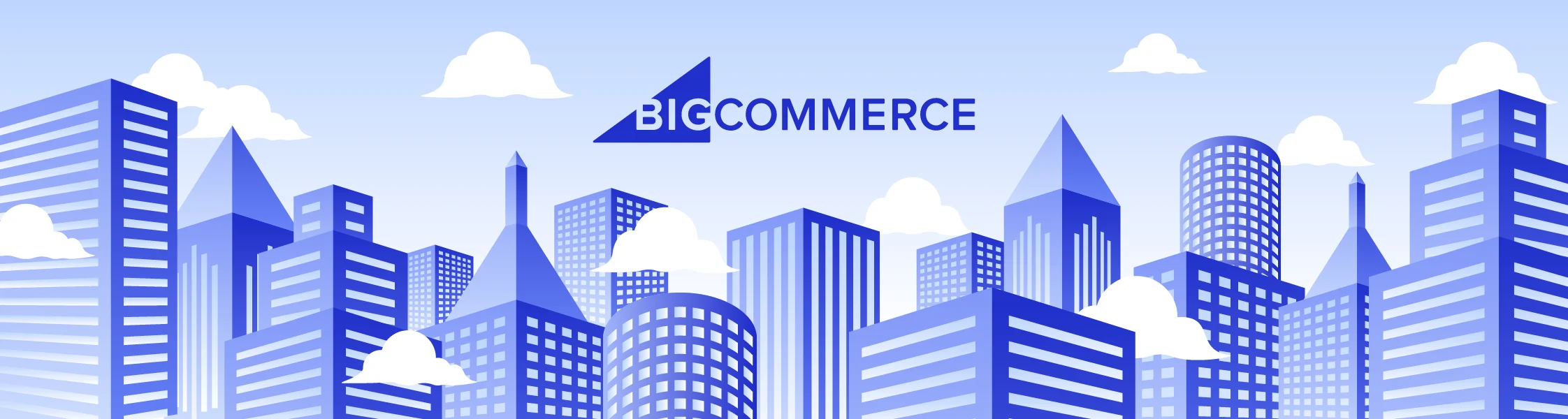 Illustration of a city skyline with skyscrapers and the BigCommerce logo in the sky.