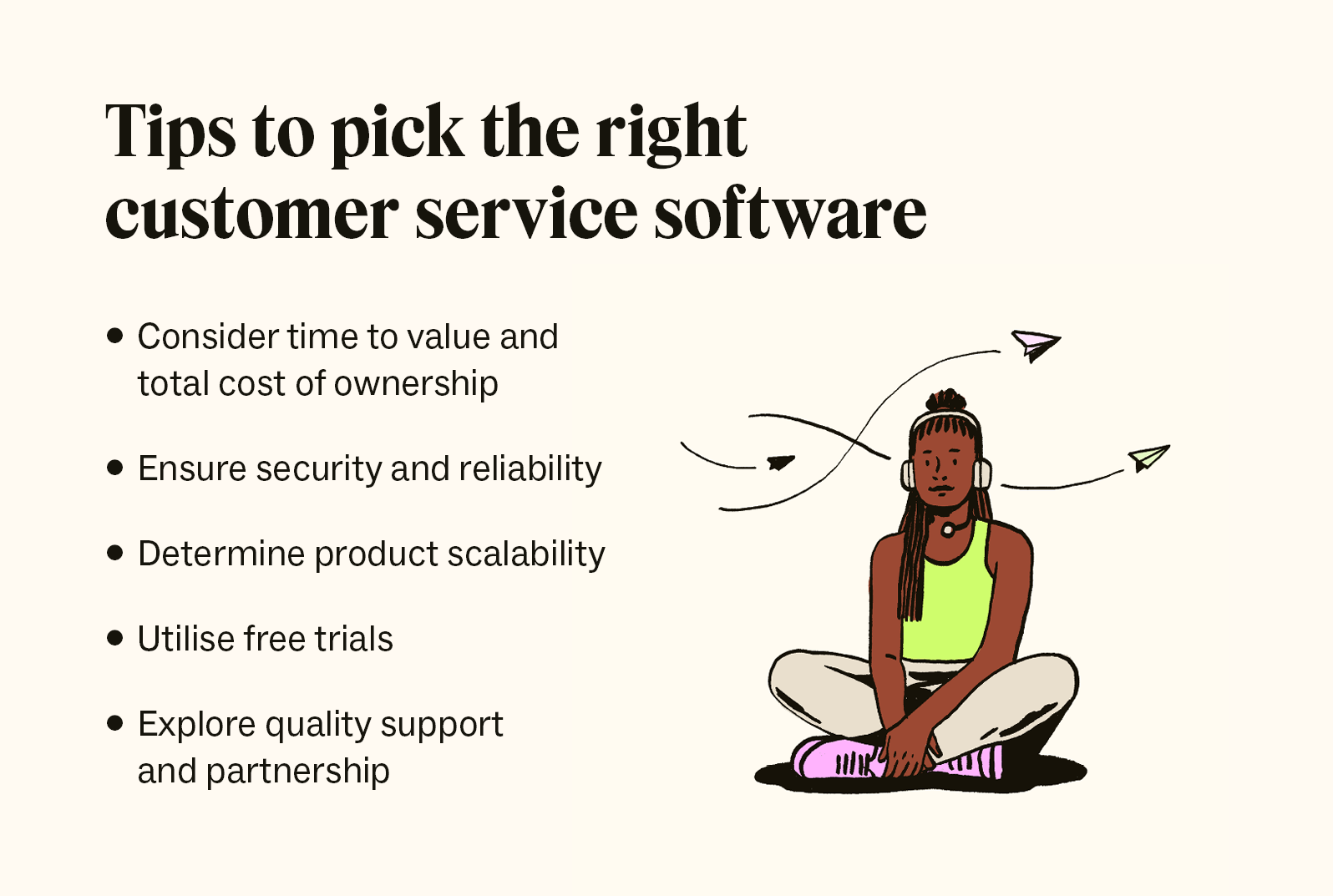 A graphic lists five tips for choosing the right customer service software for your business.