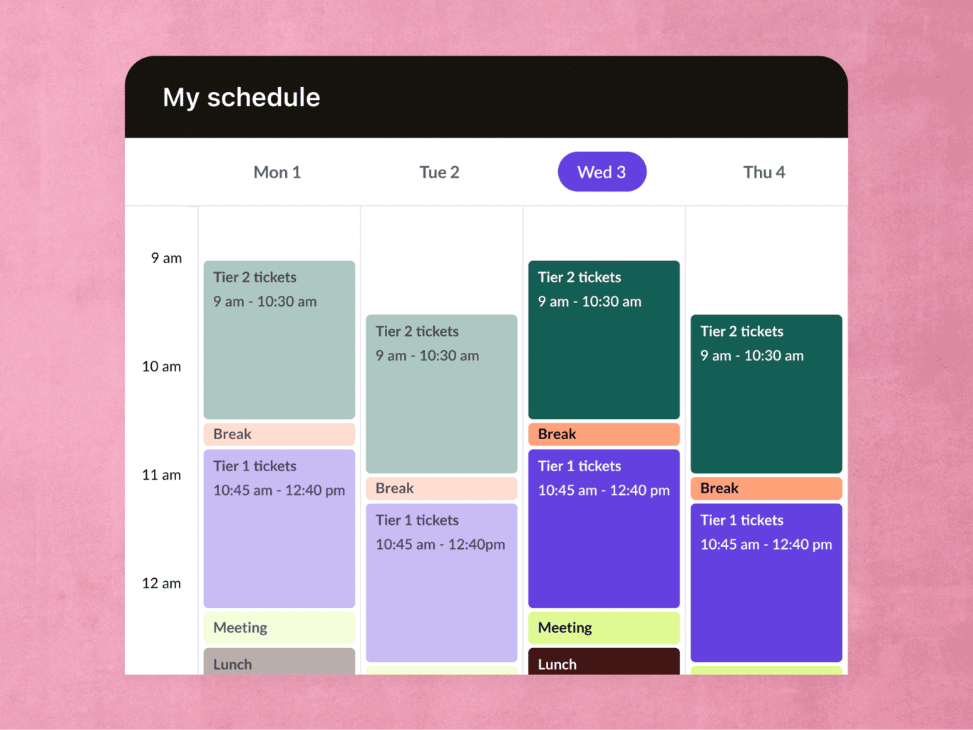 Admins aren’t the only ones who can view schedule details. Agents also receive an in-depth, colour-coded chart of their time on the clock.