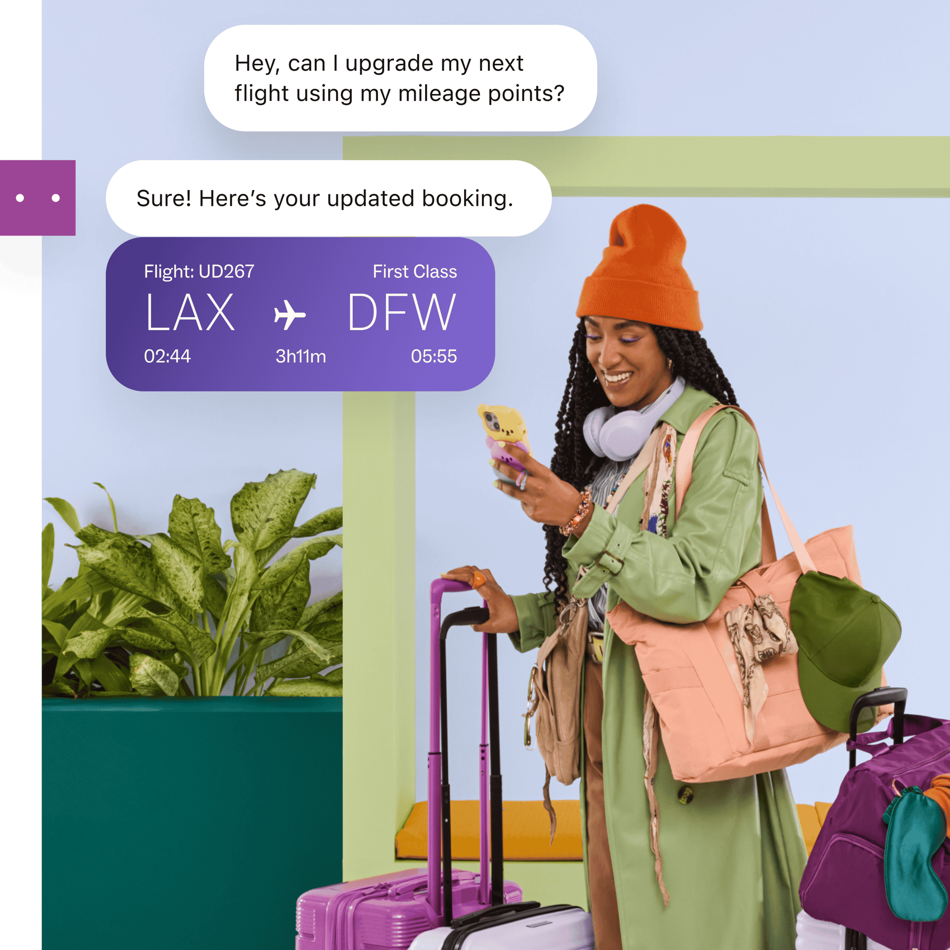 A person travelling with their luggage is on their phone sending a help request. The message reads “Hey, can I upgrade my next flight using my mileage points?” The response reads “Sure! Here’s your updated booking”, with their flight details attached.