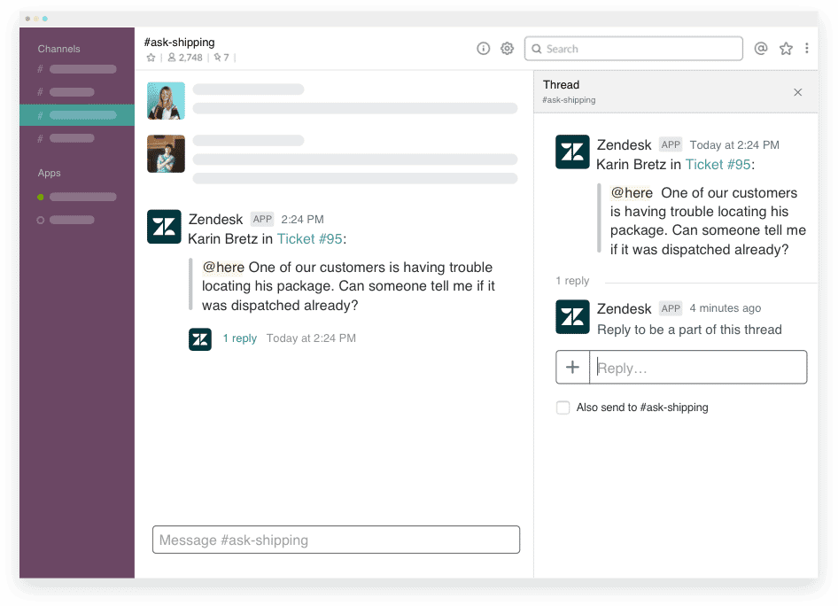 Zendesk app in Slack sending ticket notifications