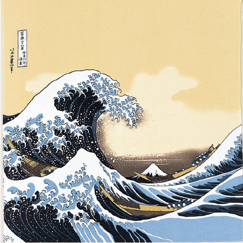 Furoshiki 27"- Chirimen Ukiyoe The Great Wave Hokusai Katsushika Beige