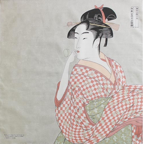 Furoshiki 19"- Ukiyoe Young Woman Blowing a Glass Pipe Kitagawa Utamaro Light Grey