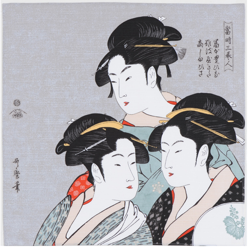 Furoshiki 19"- Ukiyoe Three Beauties of the Present Day Kitagawa Utamaro Light Grey