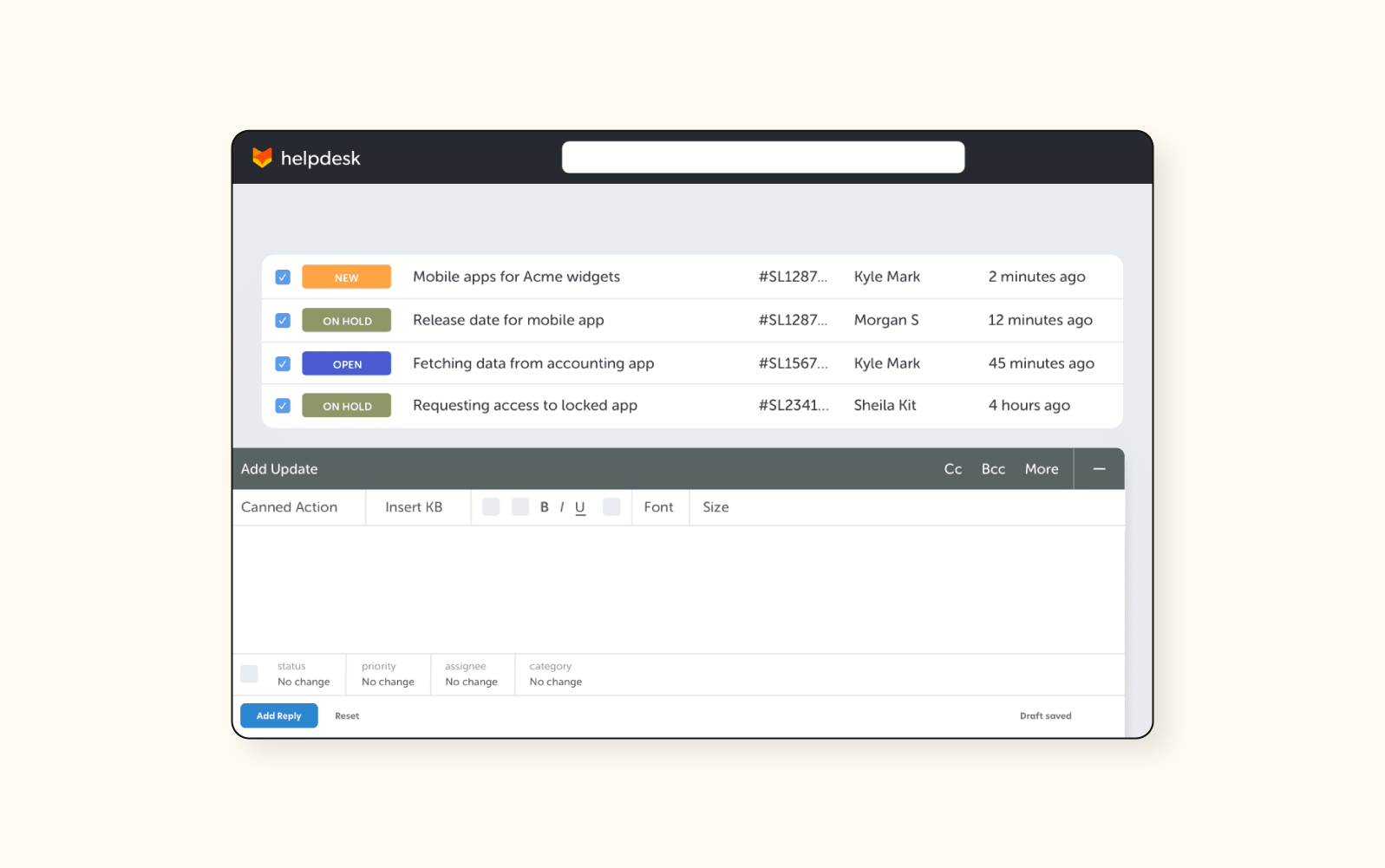 A screenshot shows the IT ticket software from HappyFox.